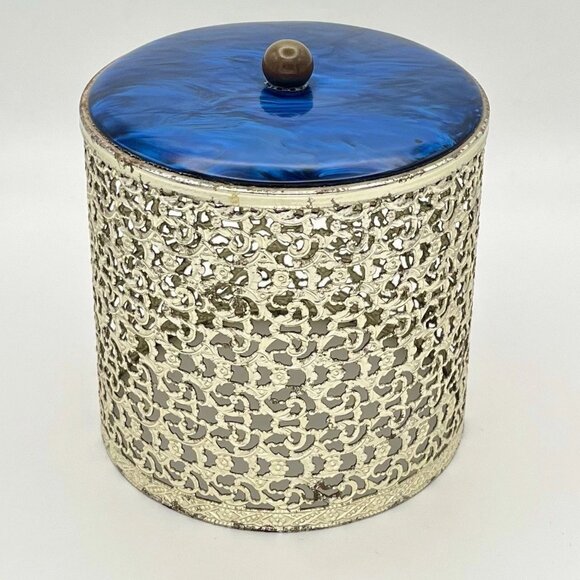 Vintage Hollywood Regency Filigree Tissue Cover Blue Lucite Top Mid Century Glam - Picture 1 of 8